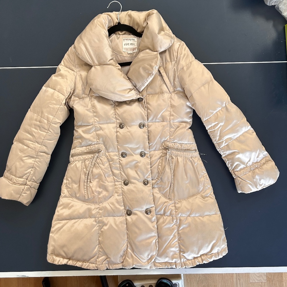 Beige/Champagne Shiny Double-Breasted Puffer Coat Warm & Stylish